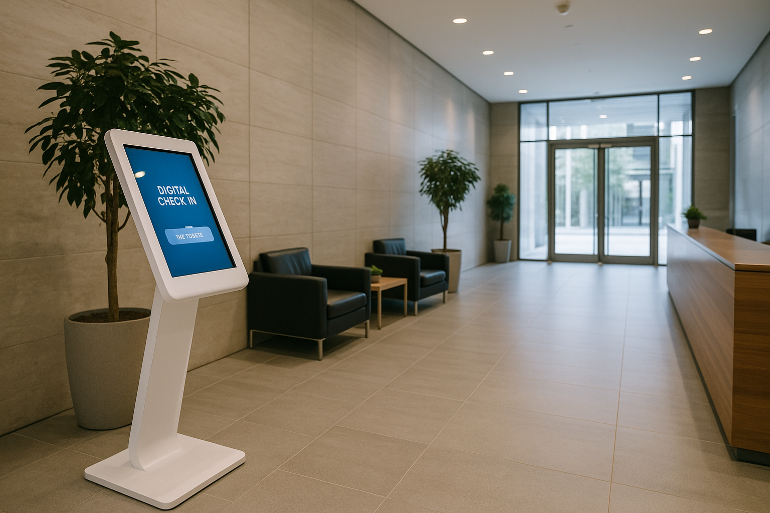 An office lobby with a digital visitor management system check-in kiosk