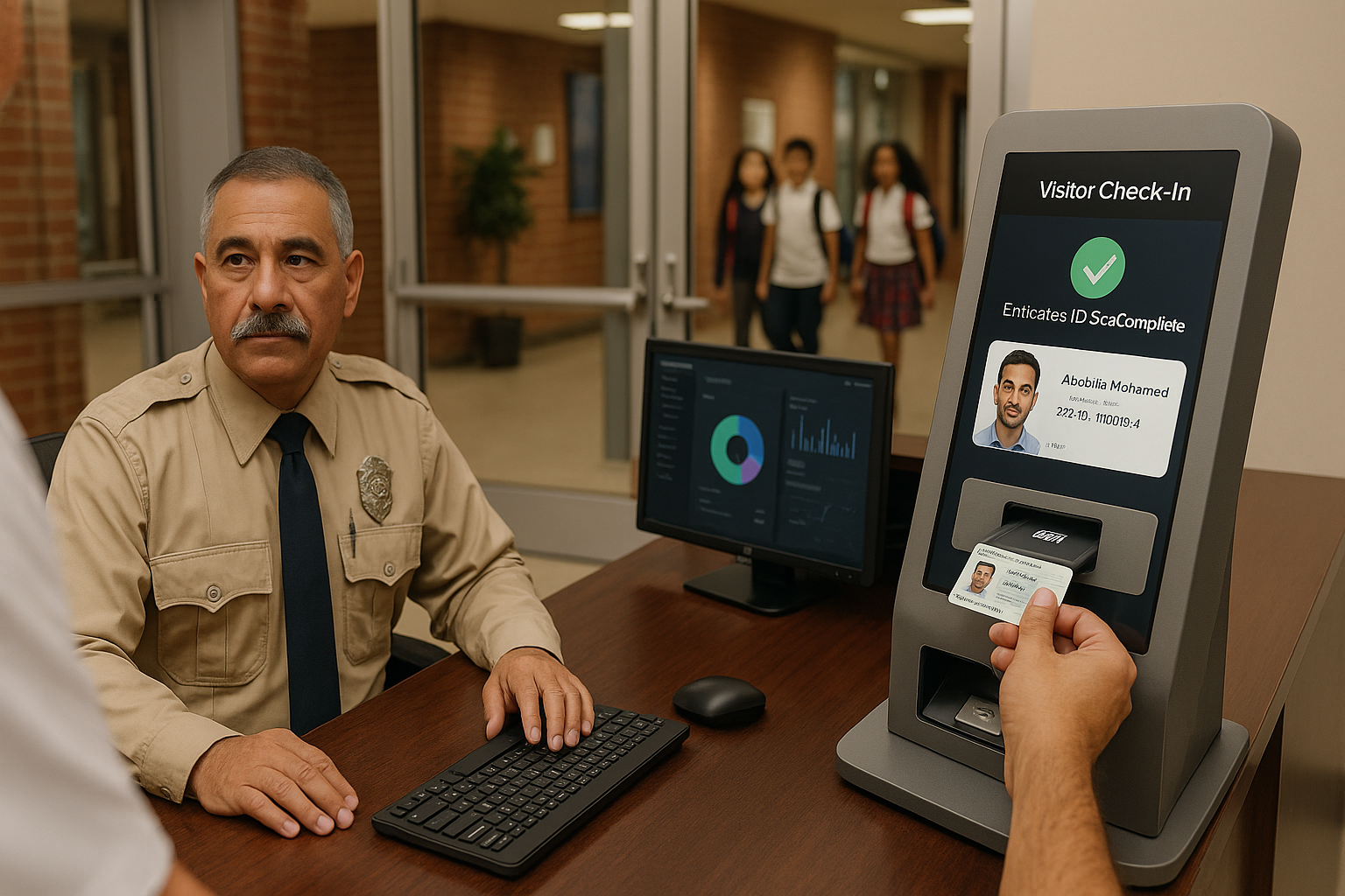 A school entrance with a security guard