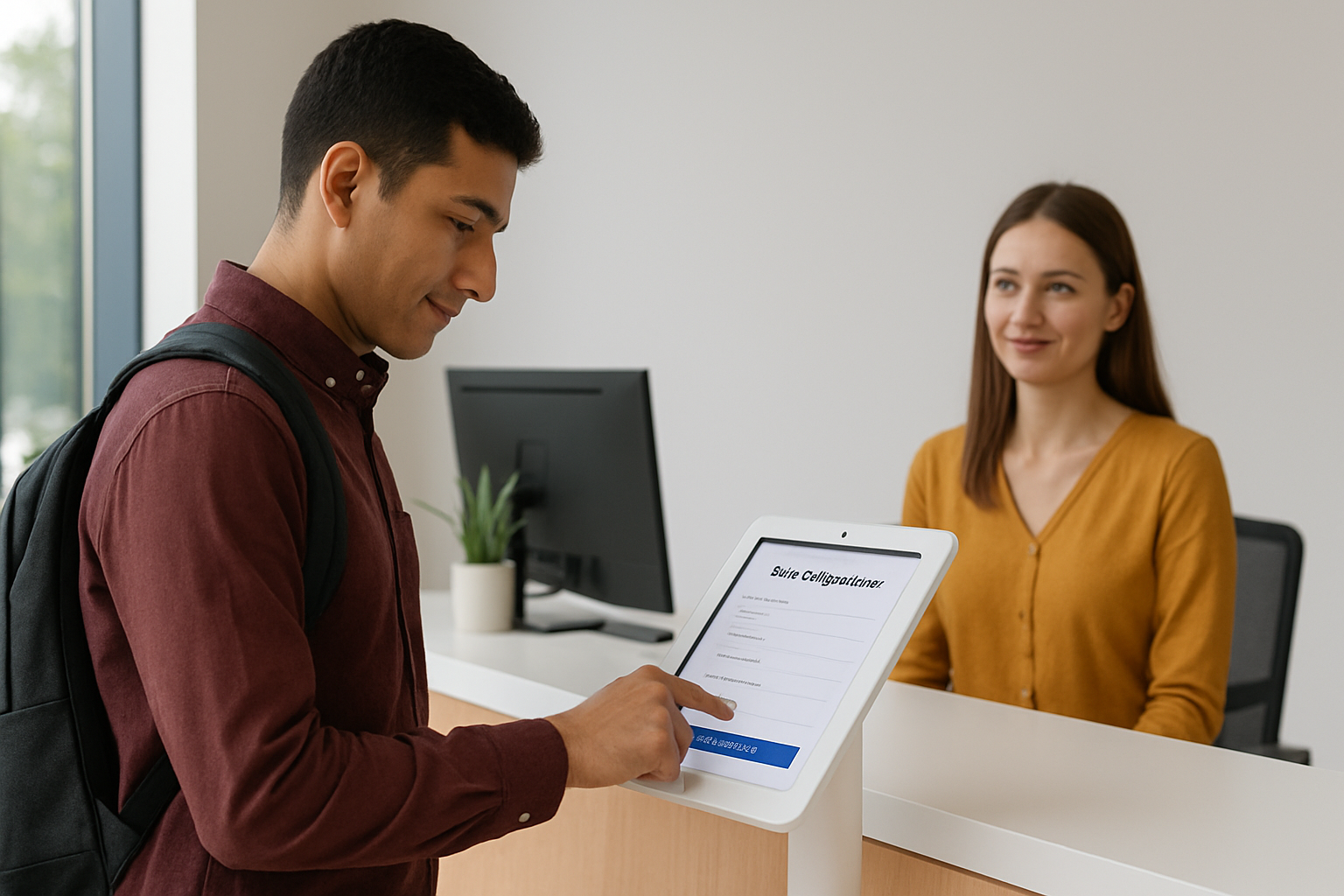 Tablet screen showing a visitor filling out a registration form